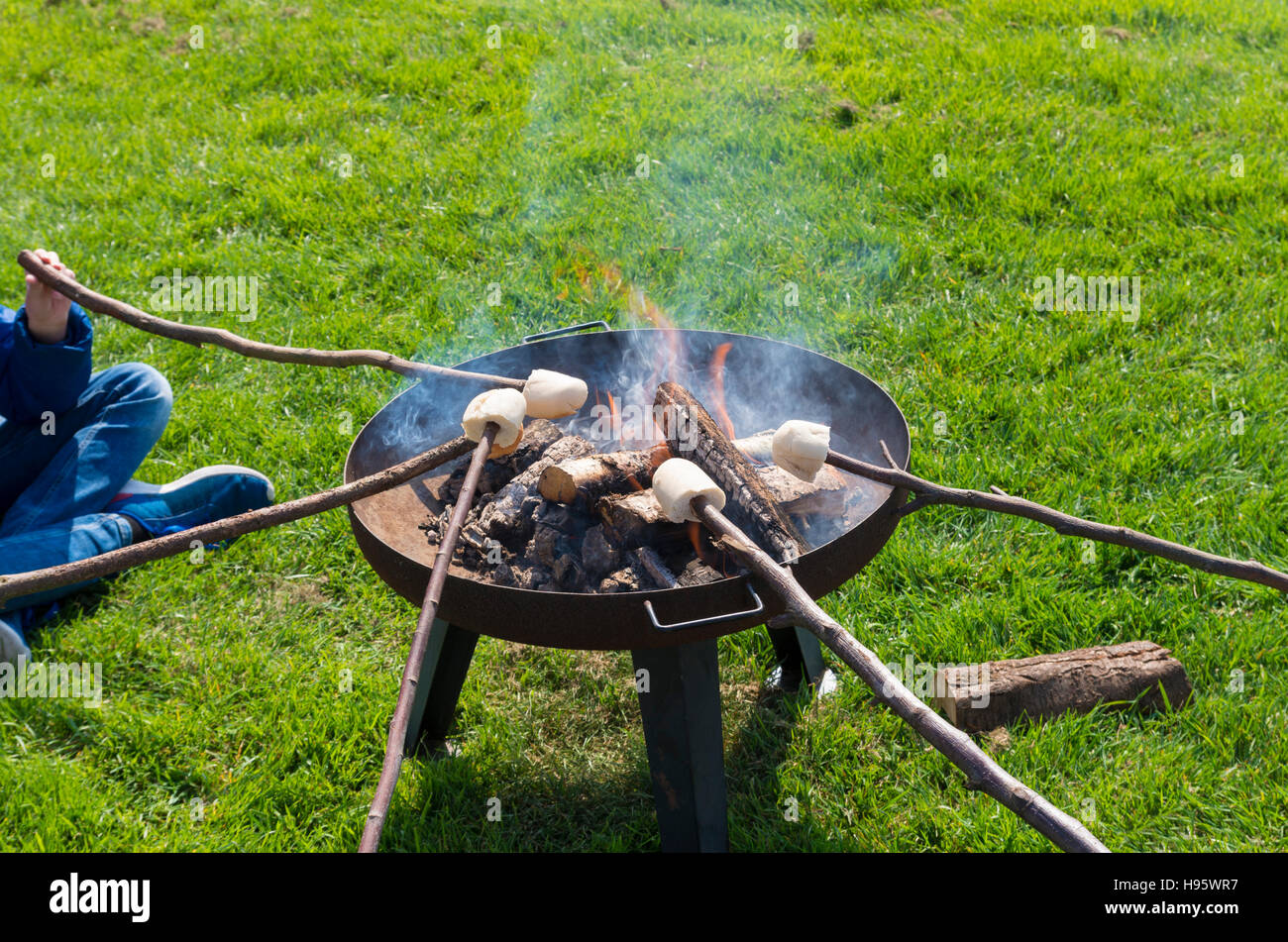 Come tostare il pane su un fuoco aperto Foto Stock