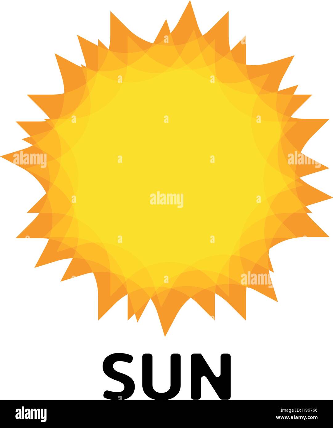 Stilizzata logo Sun di tipo piatto. Round caldo forma astratta logotipo. Il design del vettore di calore estivo. Sistema solare segno. Icona Solaium. Previsioni meteo elemento. Simbolo della luce. illustrazione. Illustrazione Vettoriale