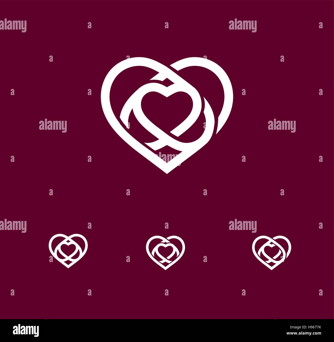 Isolato astratto bianco cuore monolinea logo set. Amore logotipi. San Valentines Day Icona. Simbolo di nozze. Amour segno. Emblema di cardiologia. Illustrazione Vettoriale. Illustrazione Vettoriale