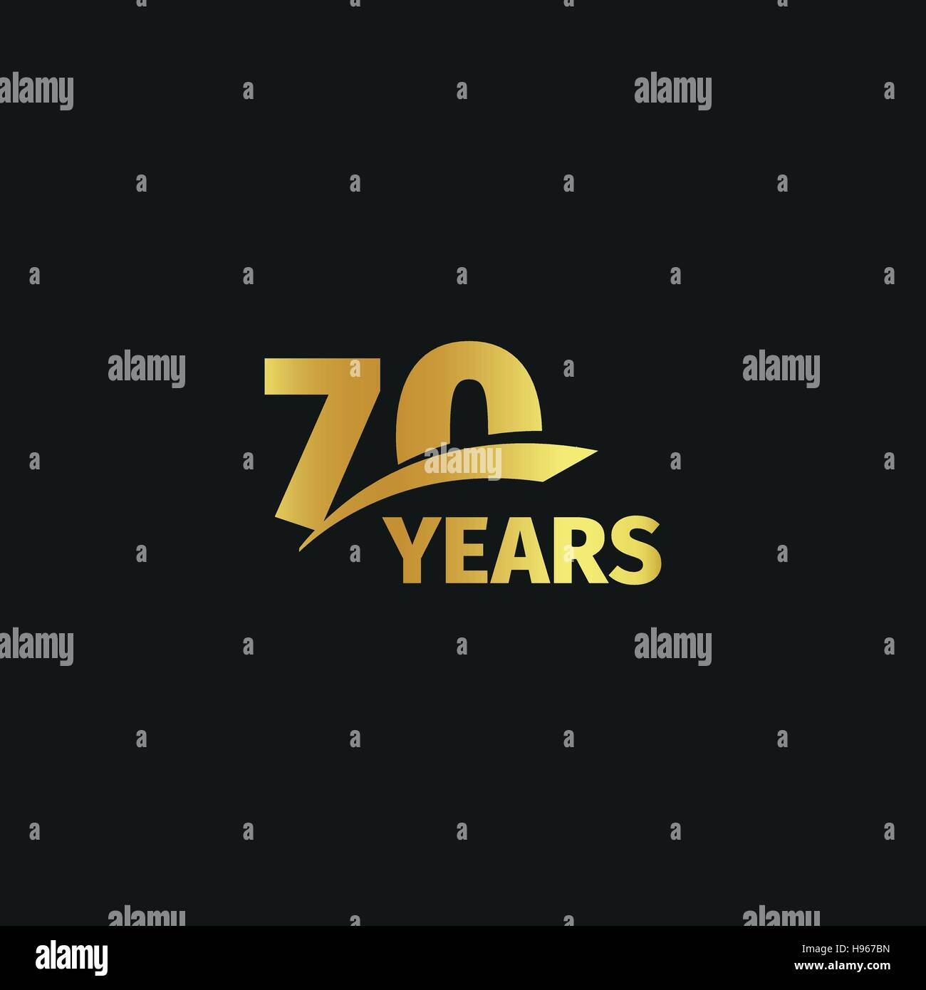 Abstract isolato golden settantesimo anniversario logo su sfondo nero. 70 numero logotipo. Settanta anni la celebrazione del Giubileo e la relativa icona. Settantesimo compleanno emblema. Illustrazione Vettoriale. Illustrazione Vettoriale