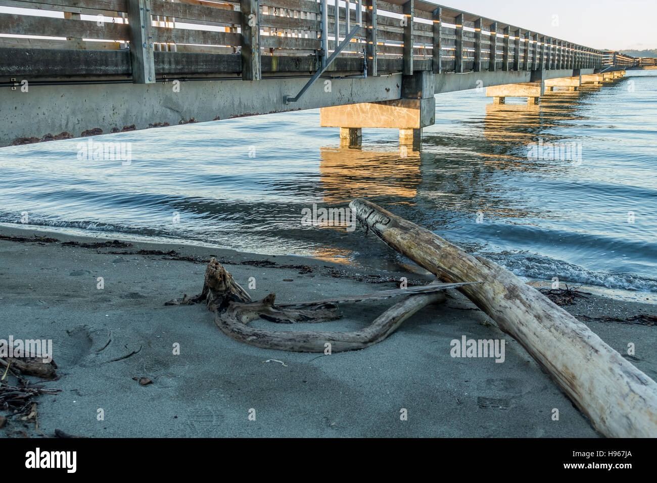 Una vista del molo di pesca in punto e linea, Washington a marea alta. Foto Stock