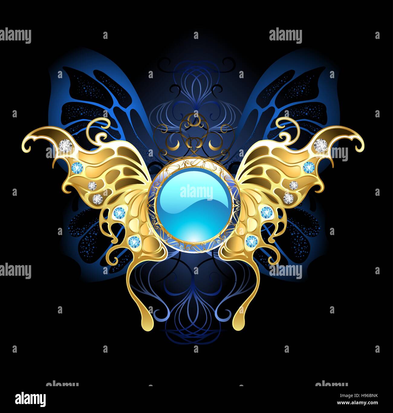 Banner blu con gioielli in oro di ali di farfalla su uno sfondo nero. Illustrazione Vettoriale