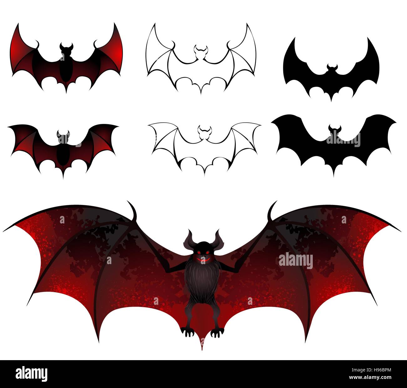 Artisticamente dipinte pipistrelli con bellissime ali di texture su uno sfondo bianco. Illustrazione Vettoriale