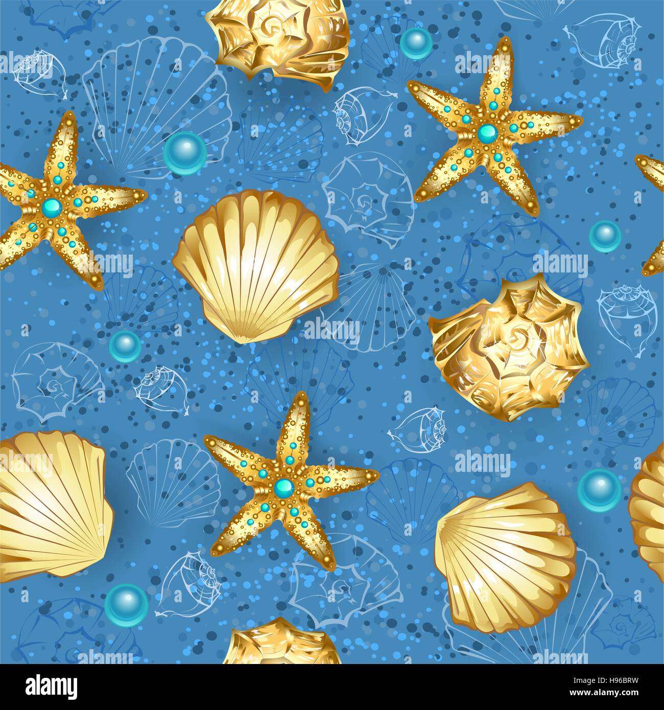 Senza cuciture, blu, sfondo sabbia d'oro di conchiglie e stelle marine. Illustrazione Vettoriale