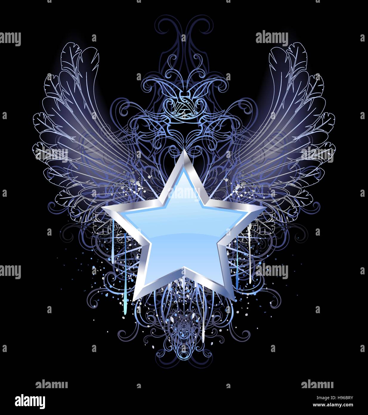 Blu, Silver star con ali d'angelo contorno, decorata con una goccia di vernice blu e un pattern di fantasia. Illustrazione Vettoriale