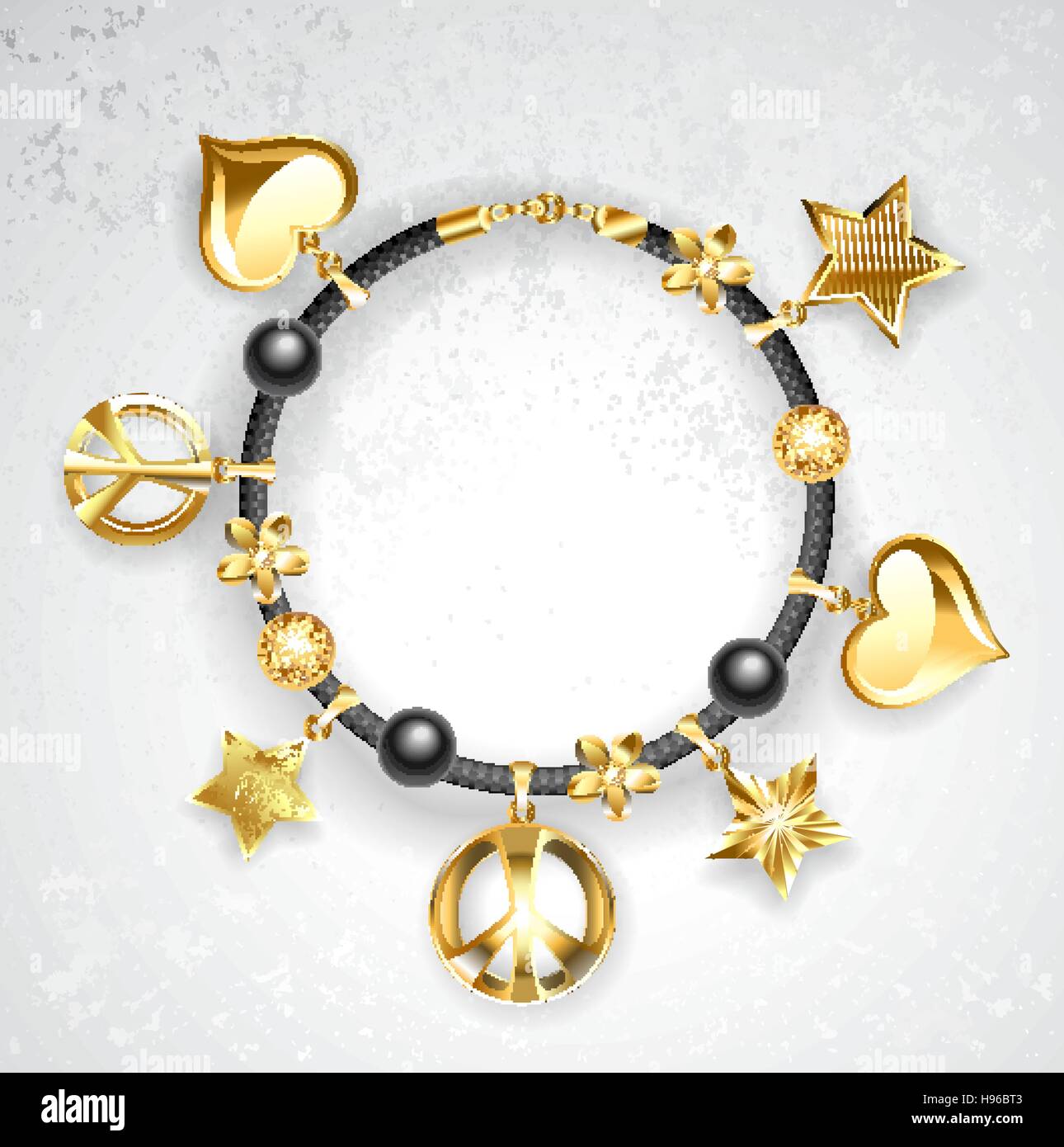 Nero braccialetto in pelle decorata con stelle dorate, golden cuori, simboli di pace. Illustrazione Vettoriale
