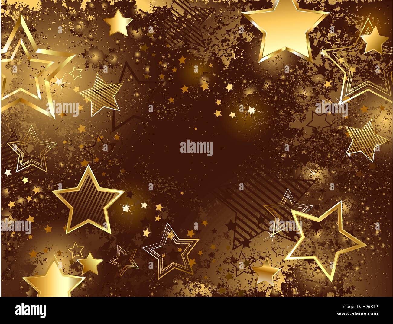 Sfondo marrone decorato con texture frizzante e Golden Stars Illustrazione Vettoriale