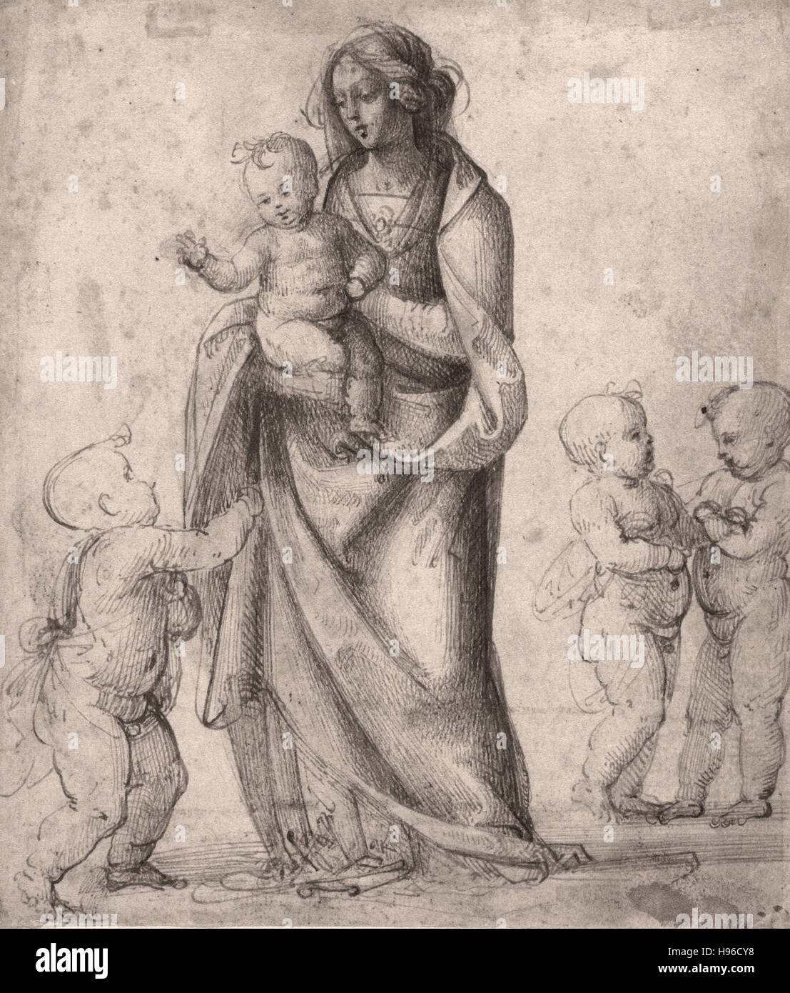 Fra Bartolommeo - Madonna con Bambino e Neonato San Giovanni Battista e due Putti Foto Stock