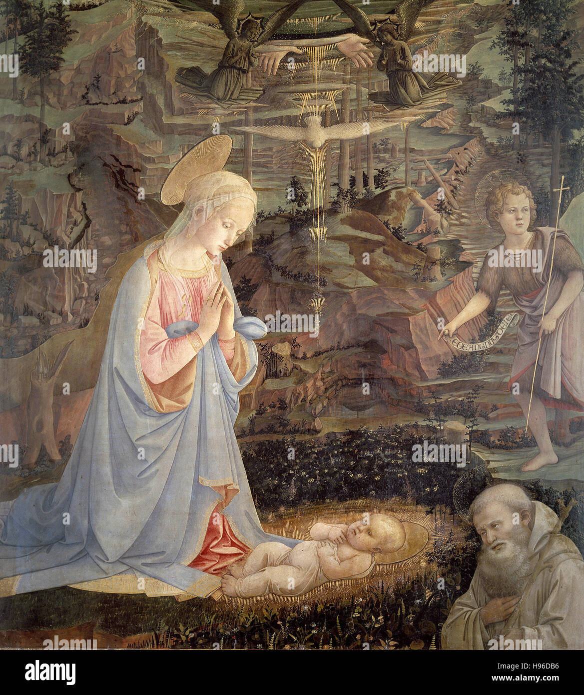 Fra Filippo Lippi - L Adorazione, con il neonato Battista e San Bernardo di Chiaravalle - 1463 Foto Stock