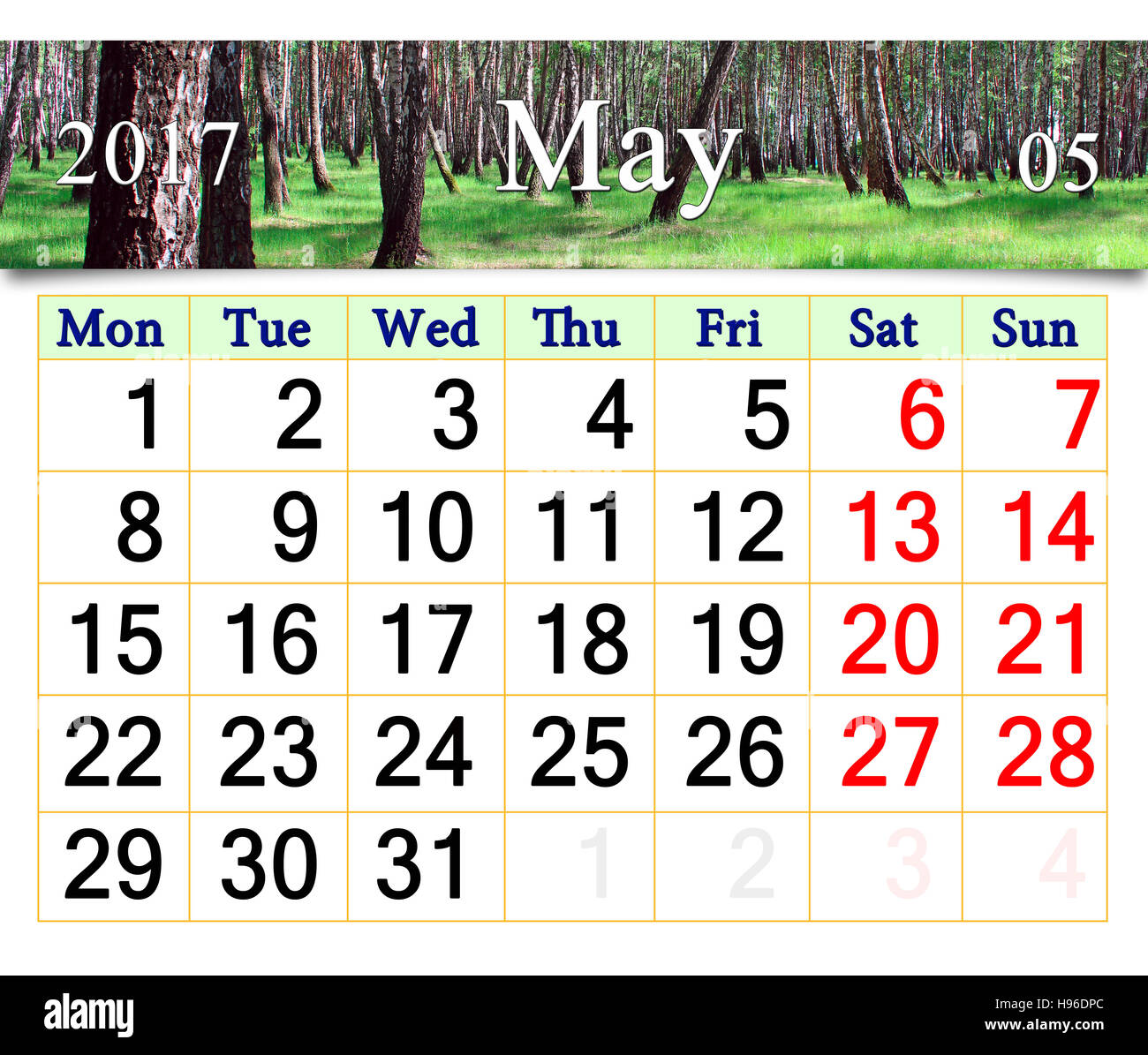 Calendario per il mese di maggio 2017 con verde primavera grove Foto Stock