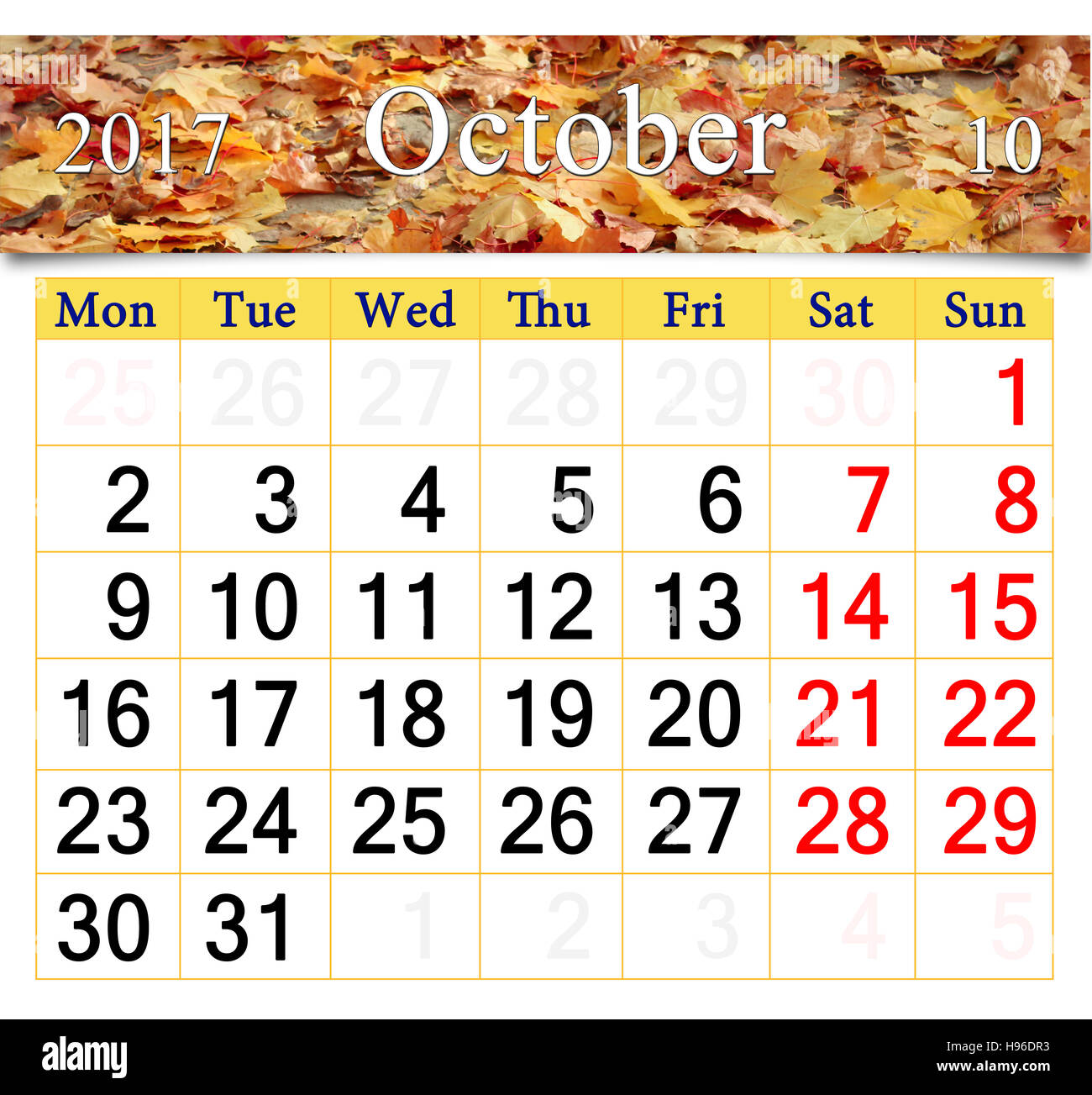 Calendario per il mese di ottobre 2017 con il nastro di foglie di giallo Foto Stock