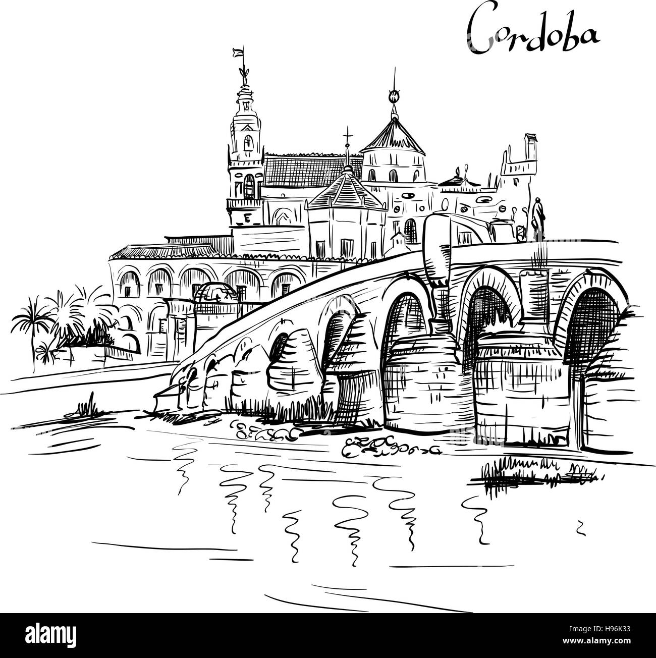 Cattedrale Mezquita di vettore e ponte romano a Cordoba, Spagna Illustrazione Vettoriale