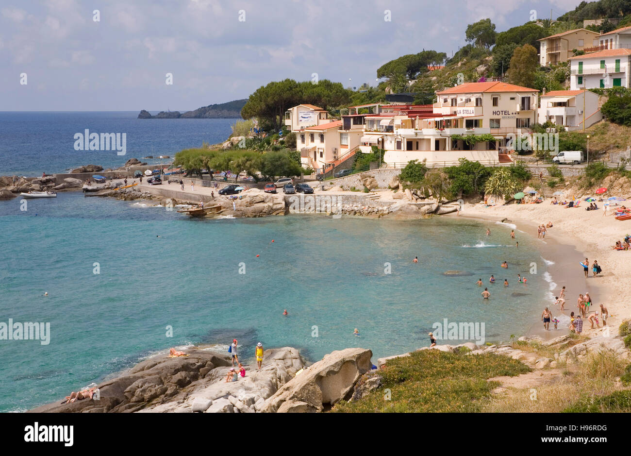 Bay e la spiaggia, Seccheto, Isola d'Elba, Toscana, Italia Foto Stock