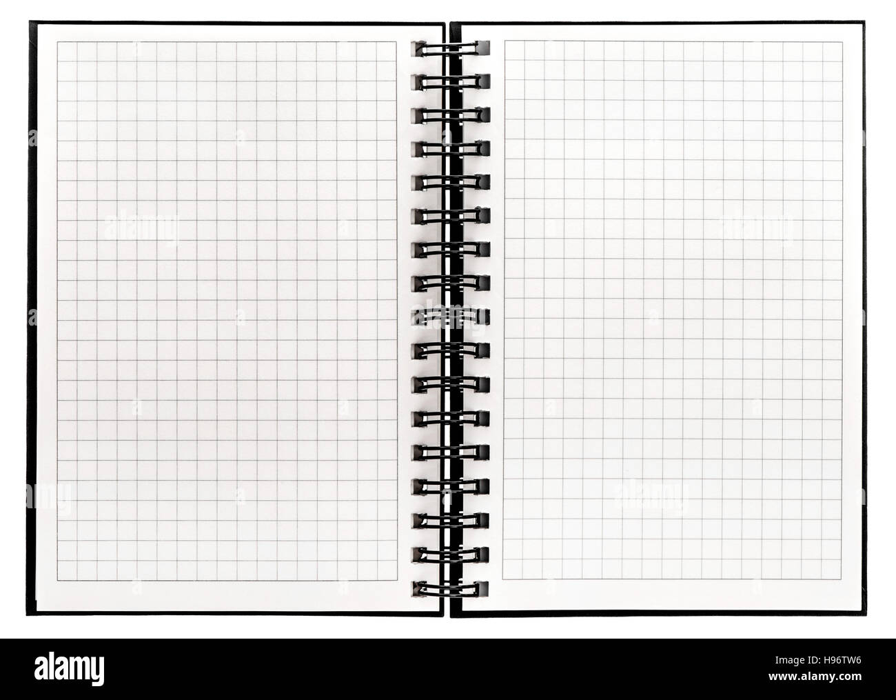 Notebook con legante a spirale e la matematica della carta. Libro aperto su sfondo bianco Foto Stock