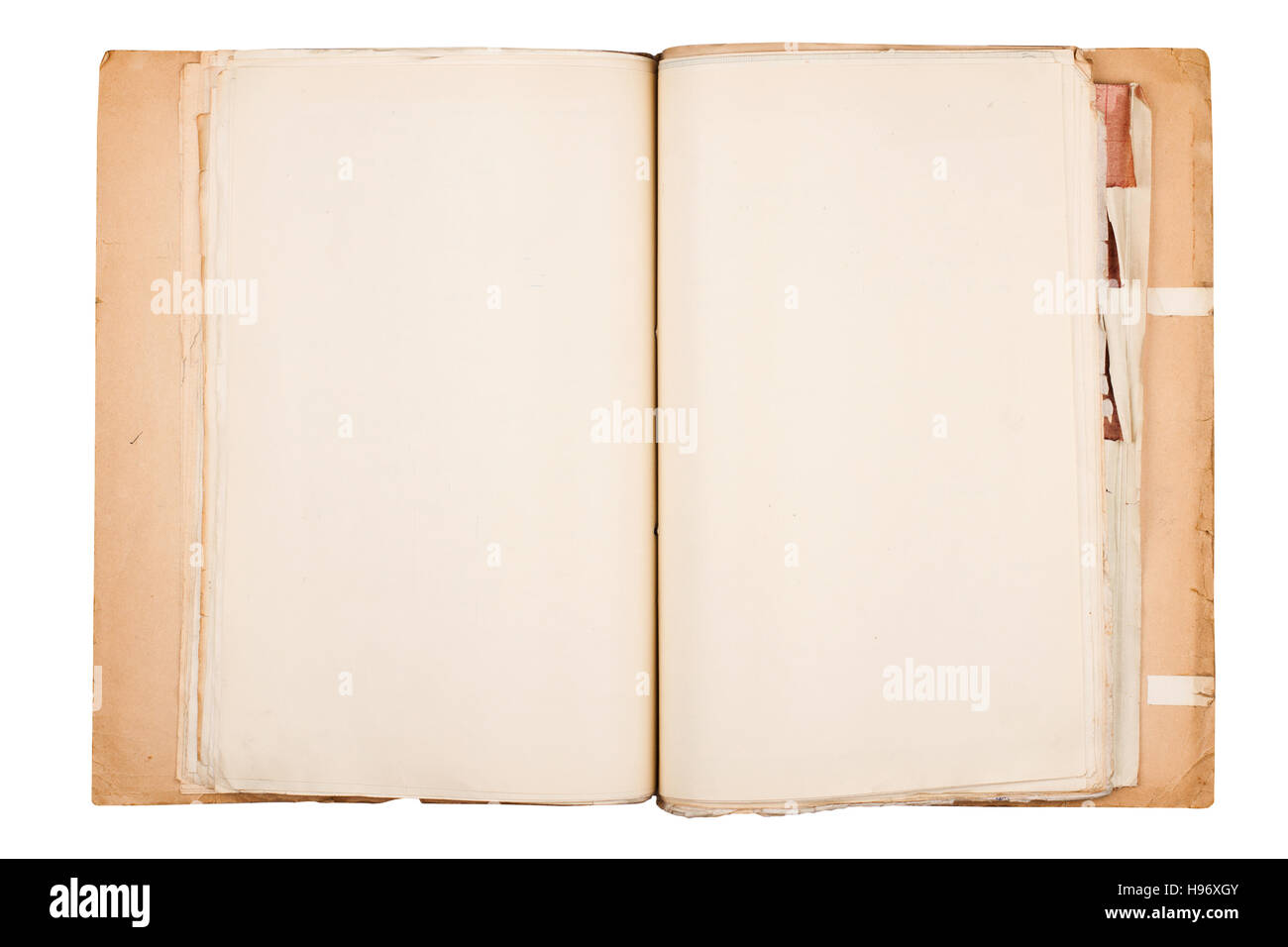 Vista dall'alto di aprire marrone e indossato carta vecchia porta documenti isolato su bianco Foto Stock