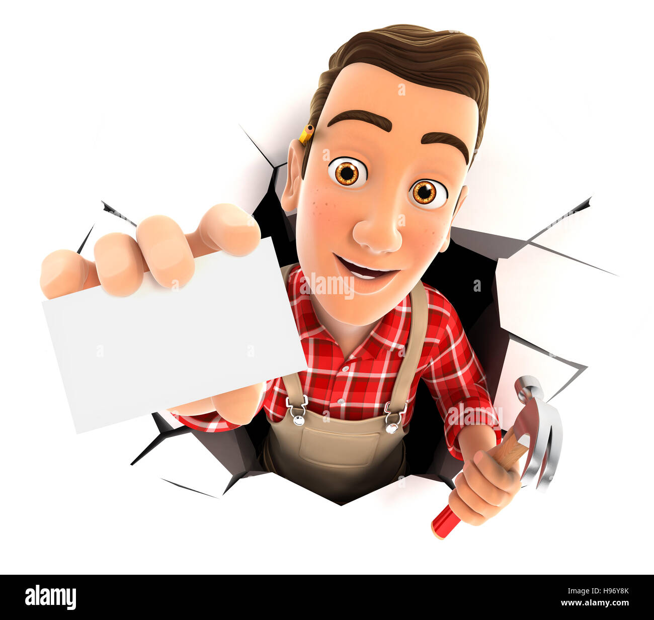 3d tuttofare uscente attraverso una parete con scheda azienda, illustrazione isolato con sfondo bianco Foto Stock