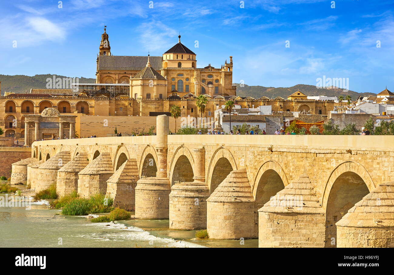 Ponte romano e la Moschea di Cordova, Andalusia, Spagna Foto Stock