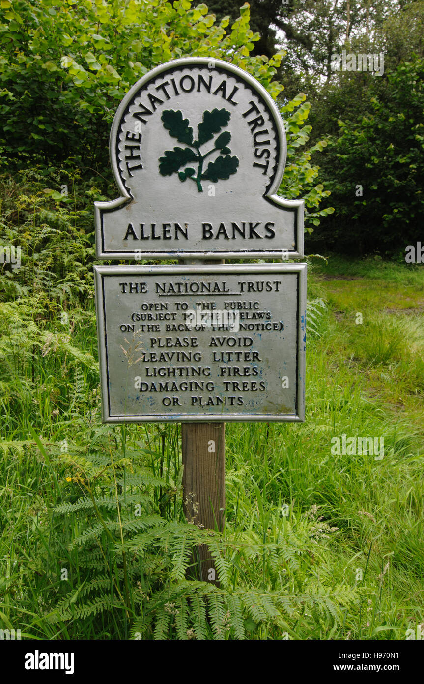 Il National Trust segno a banche Allen riserva naturale, Bardon Mill, Northumberland, Inghilterra Foto Stock