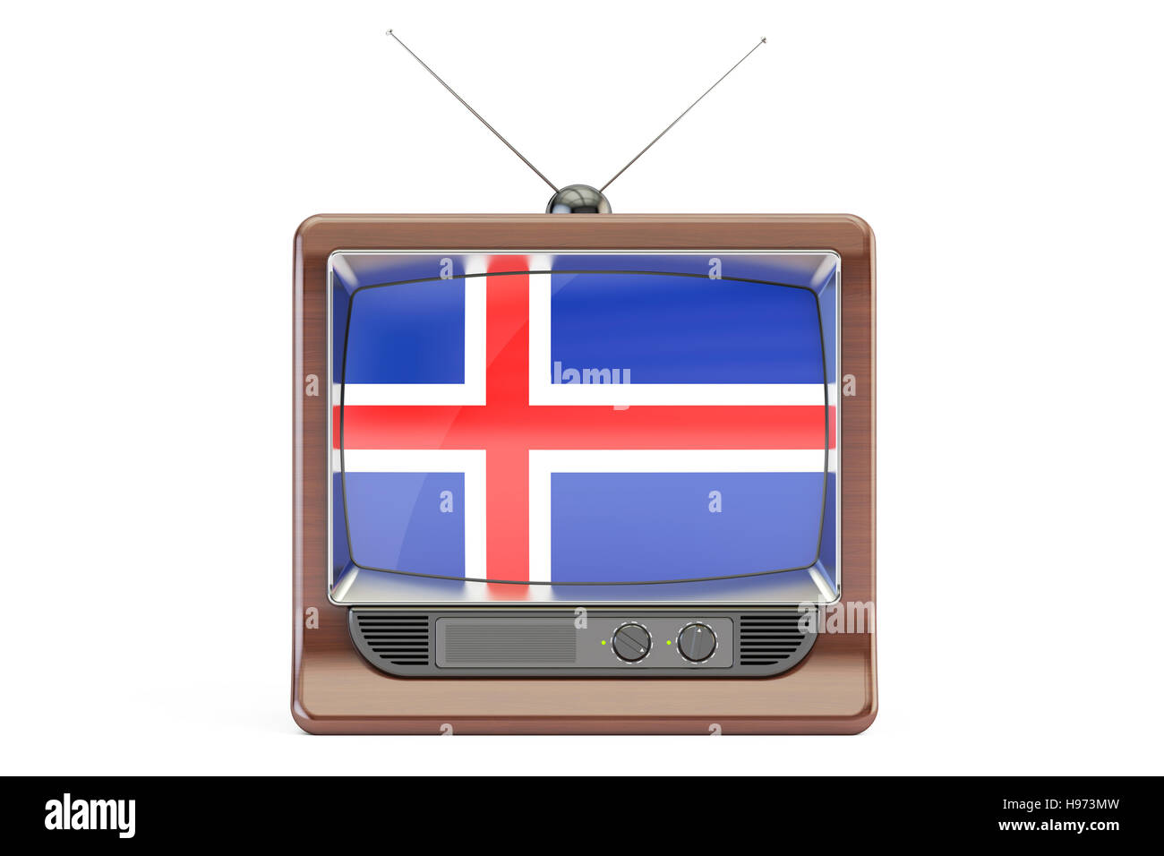 Il vecchio televisore con bandiera di Islanda. Icelandic Television concetto, 3D rendering isolati su sfondo bianco Foto Stock