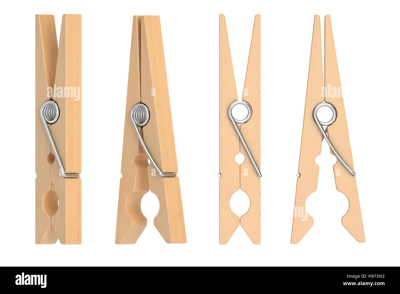 Set di clothespins in legno, rendering 3D isolati su sfondo bianco Foto Stock