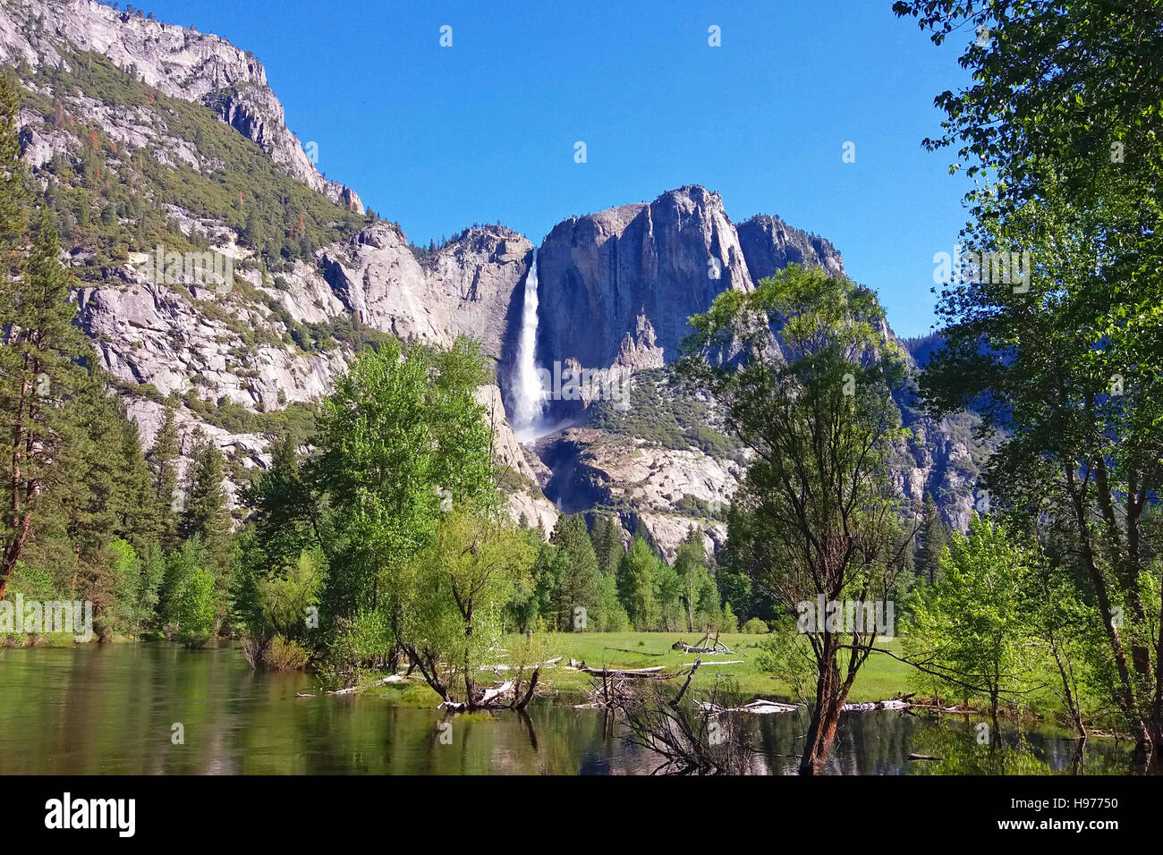 Superiore di caduta di Yosemite e fiume Merced a maggio in Yosemite Valley, il Parco Nazionale di Yosemite. Foto Stock