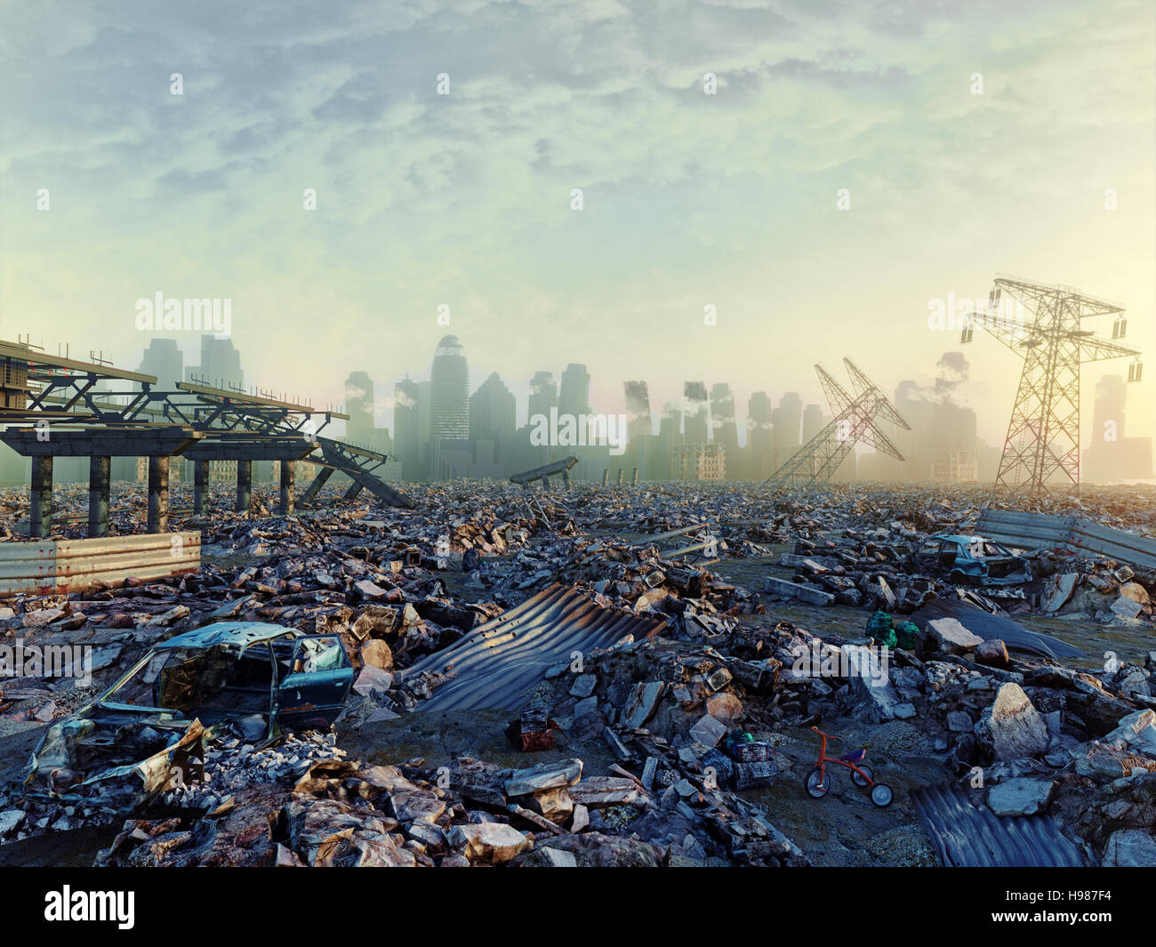 Le rovine di una città. Paesaggio apocalittico.3d illustrazione concept Foto Stock