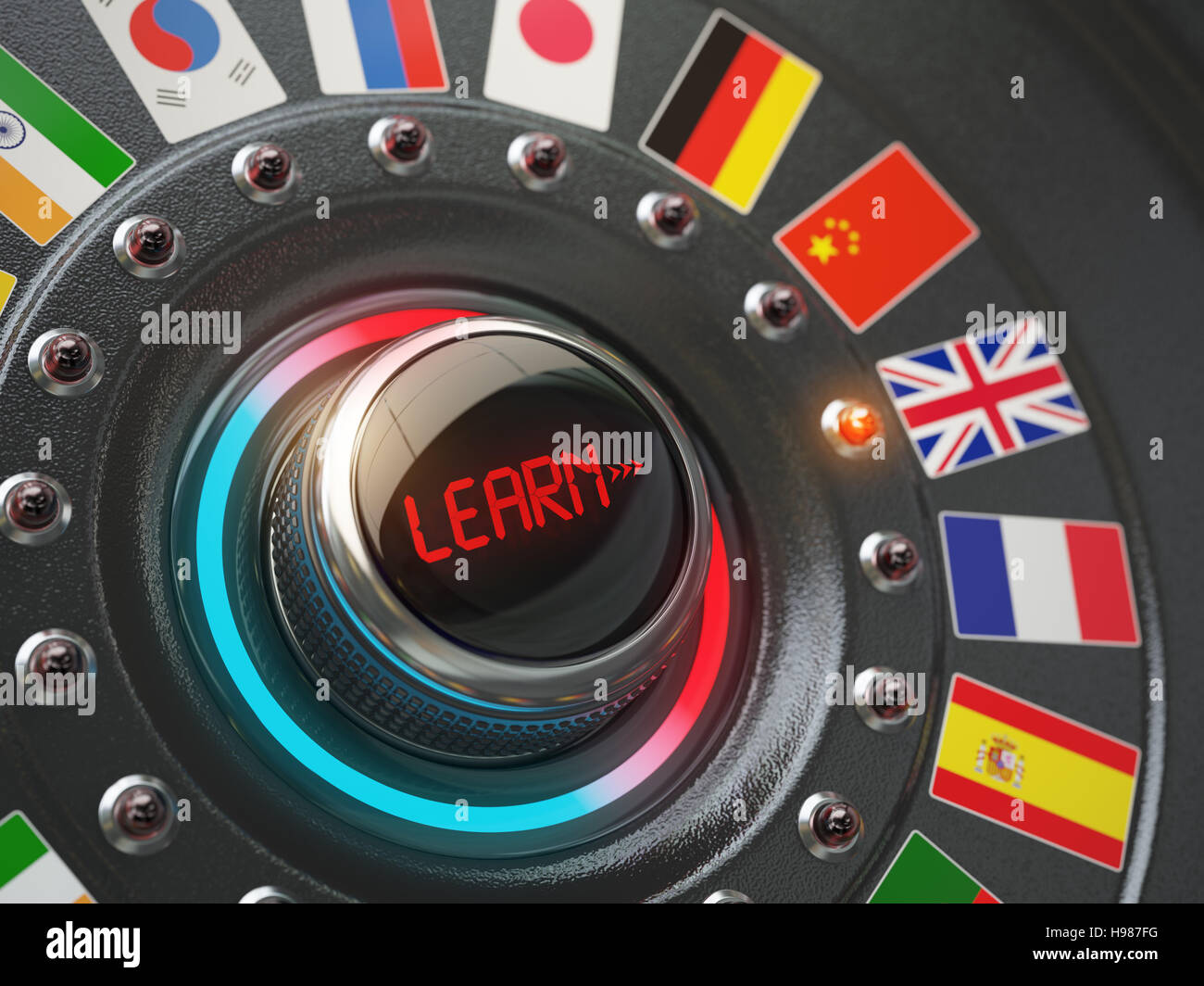 Apprendimento online il concetto di lingua. Manopola interruttore a pulsante con bandiere. 3d illustrazione Foto Stock