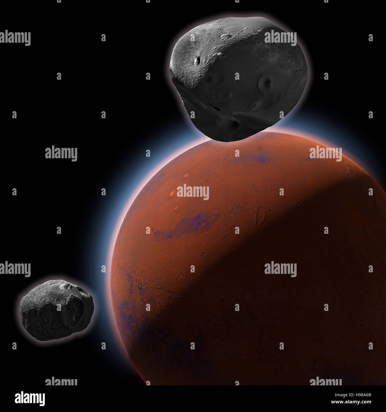 Marte e le lune Phobos e Deimos, crosta del suolo, spazio, sistema solare Foto Stock