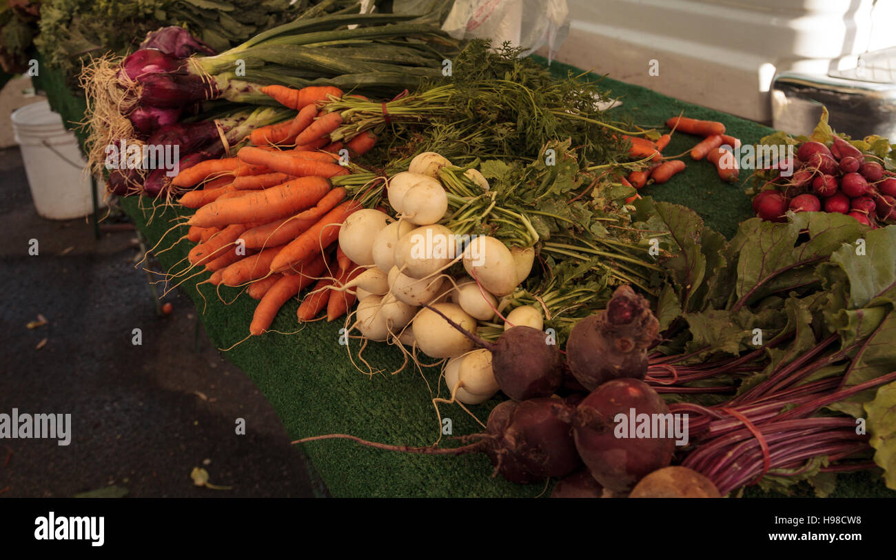 Le barbabietole giallo, arancio di carote e cipolle rosse cresciuto su una fattoria e visualizzate in un mercato degli agricoltori Foto Stock