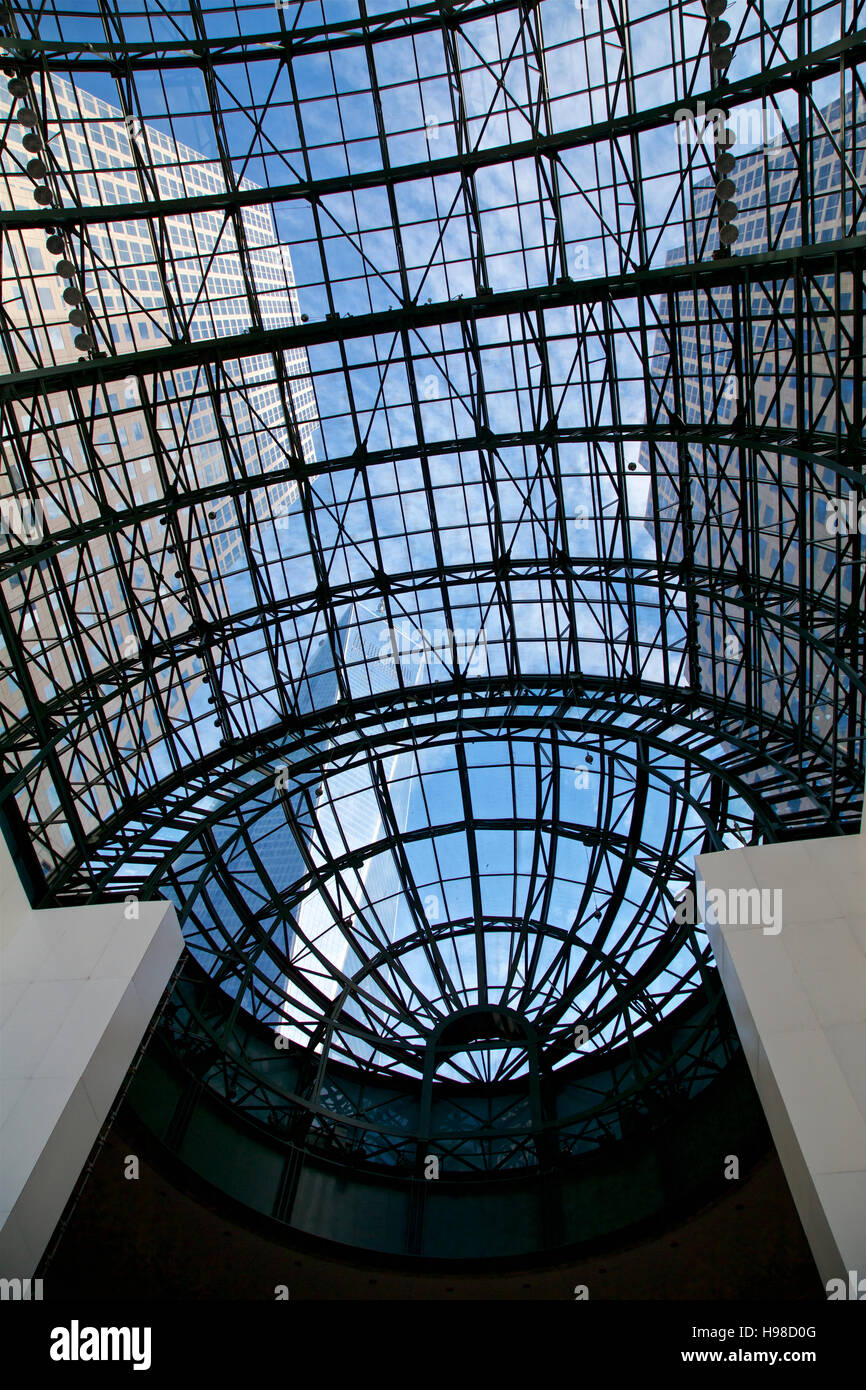 Vista dei grattacieli attraverso il soffitto di vetro del World Financial Center di New York, NY, STATI UNITI D'AMERICA. Foto Stock