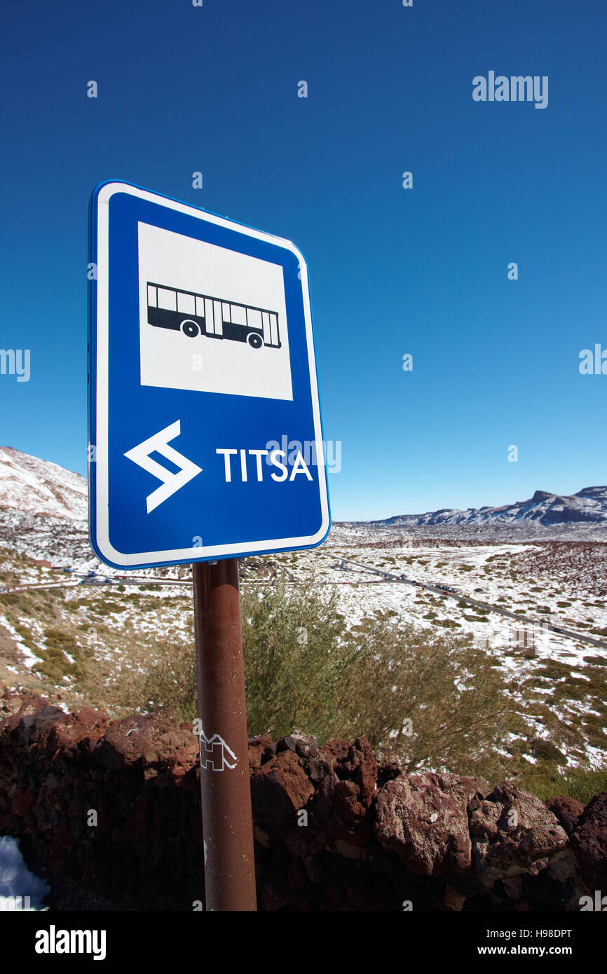 Segno, parcheggio per Bus, Parque Naciona del Teide, Parco Nazionale di Teide Tenerife, Spagna, Europa Foto Stock
