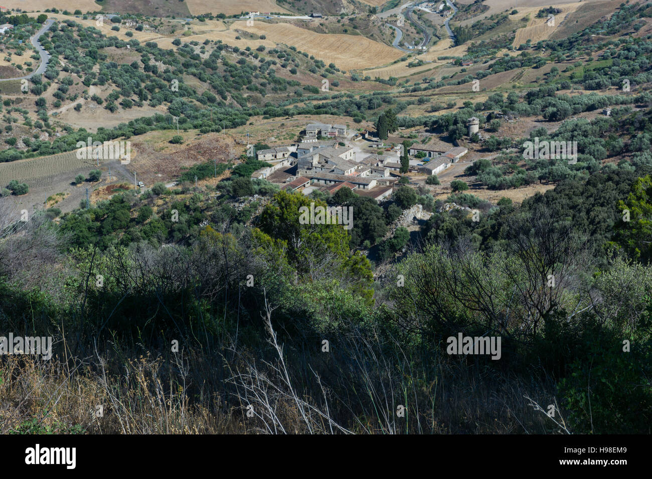 Paesaggi della Sicilia centrale in estate. Con la tipica siciliana di colline e ulivi, con una strada che si snoda attraverso le montagne. Foto Stock