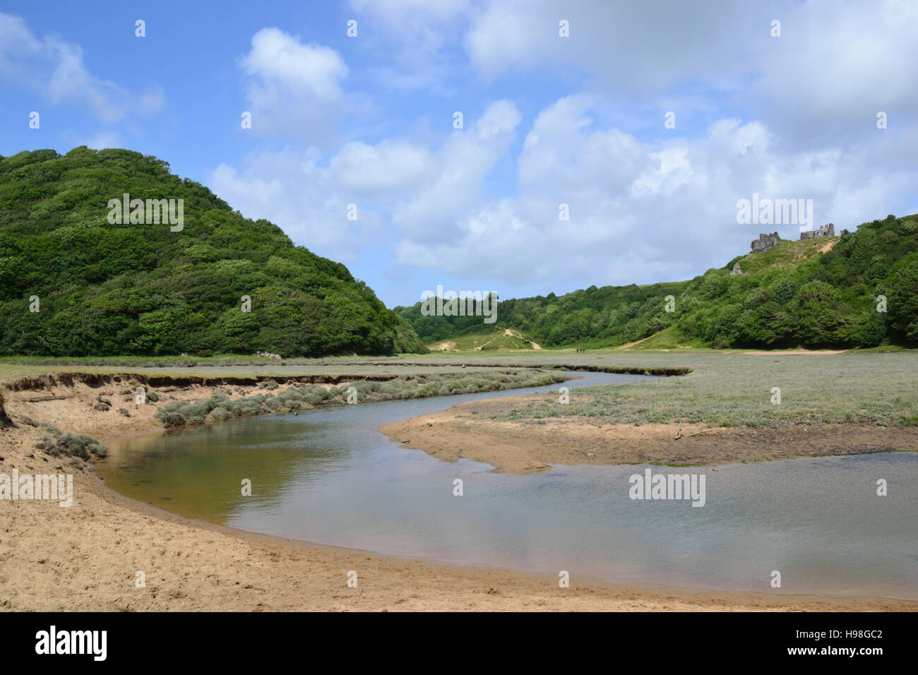 Penmaen pillola e Pennard Castello, Three Cliffs Bay sulla Penisola di Gower, Galles Foto Stock