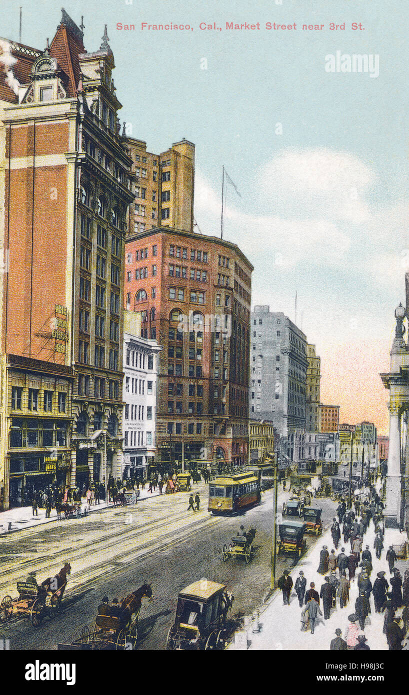 U.S. Postcard di Market Street vicino a 3rd Street, San Francisco, California Foto Stock