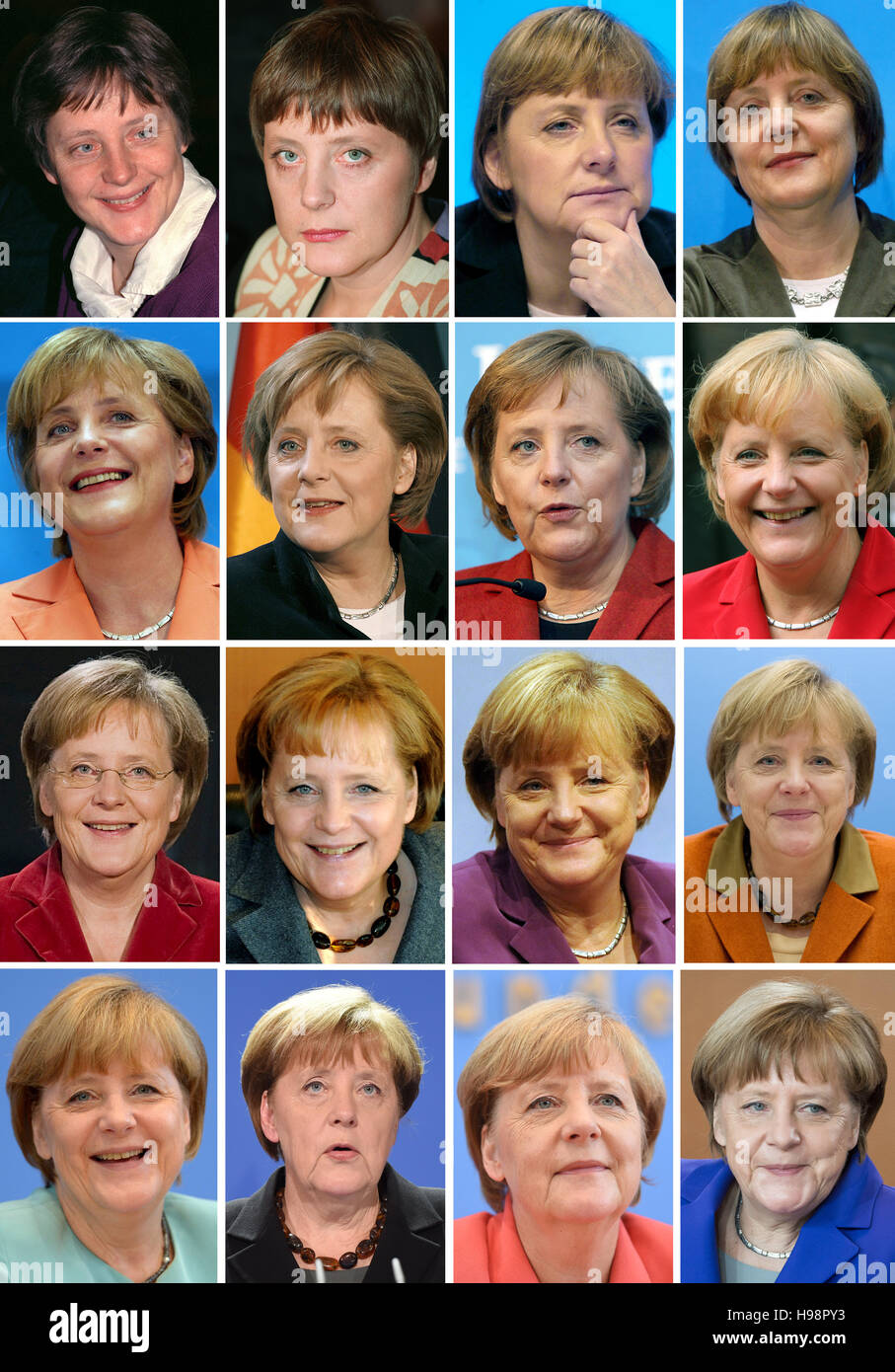COMBO - FILE - l'immagine combo di file di foto mostra Angela Merkel durante la sua carriera politica dopo la riunificazione tedesca. Top (l-R) 1991, 1994, 2003, 2004; seconda dalla parte superiore (L-R) 2005, 2006, 2007, 2008; seconda dalla parte inferiore (L-R) 2009, 2010, 2011, 2012; e di fondo (L-R) 2013, 2014, 2015, 2016. Sarà Angela Merkel correre nuovamente per il CDU presidente e un quarto termine come cancelliere? Il cancelliere sarà probabilmente annunciare la sua candidatura il 20 novembre 2016 presso il CDU sedi di partito. Foto: dpa Foto Stock