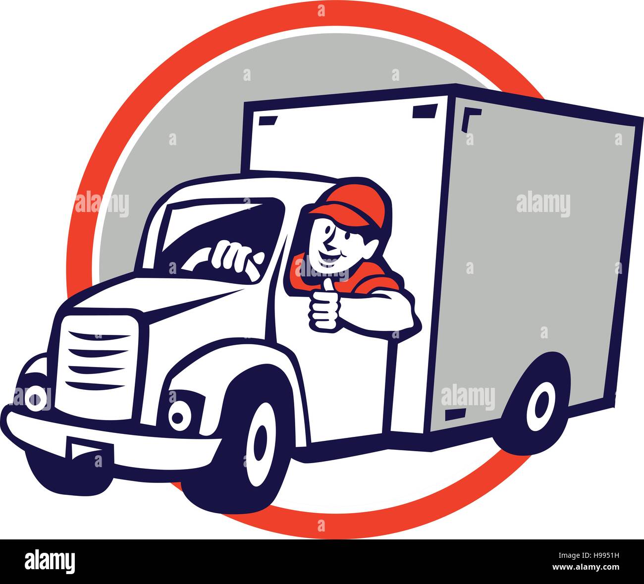 Illustrazione di un furgone di consegna autista guida facendo un pollice su Imposta cerchio interno realizzato in stile cartoon. Illustrazione Vettoriale