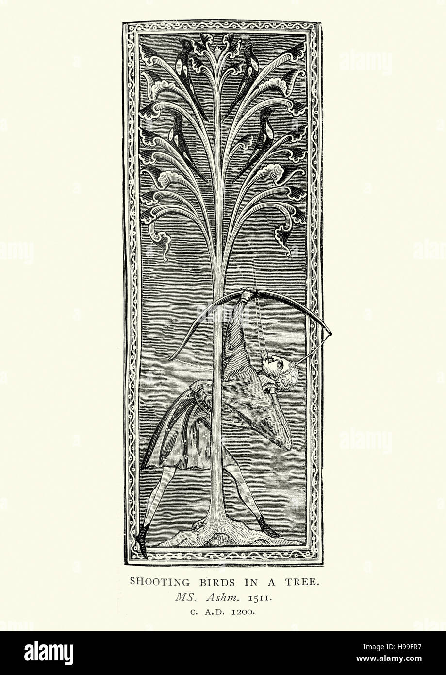 Il cacciatore medievale di caccia agli uccelli in una struttura ad albero con un arco e frecce, c. 1200 Foto Stock