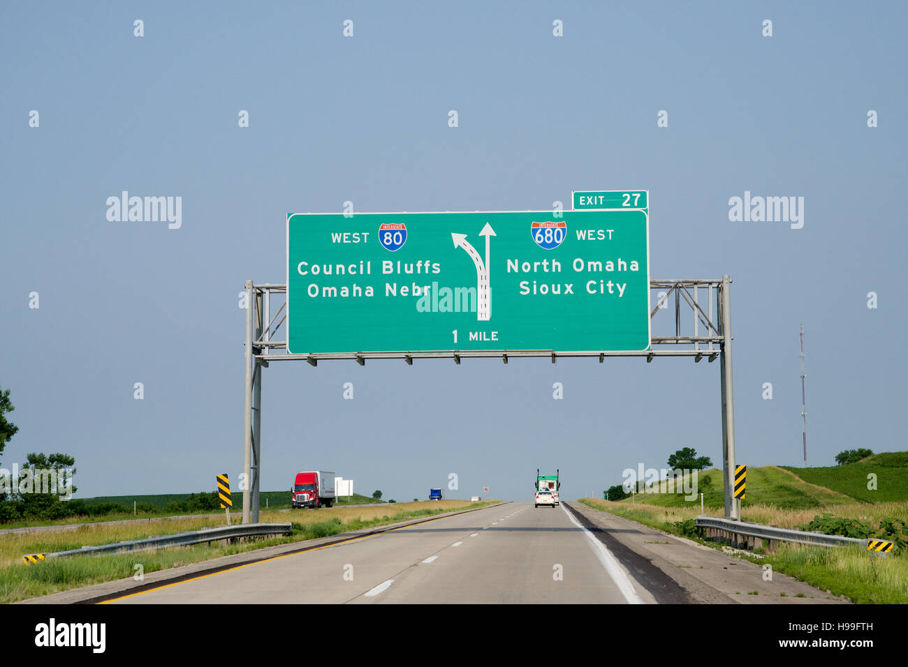 Autostrada segno sulla Interstate 80 in direzione ovest. Iowa (USA). Foto Stock