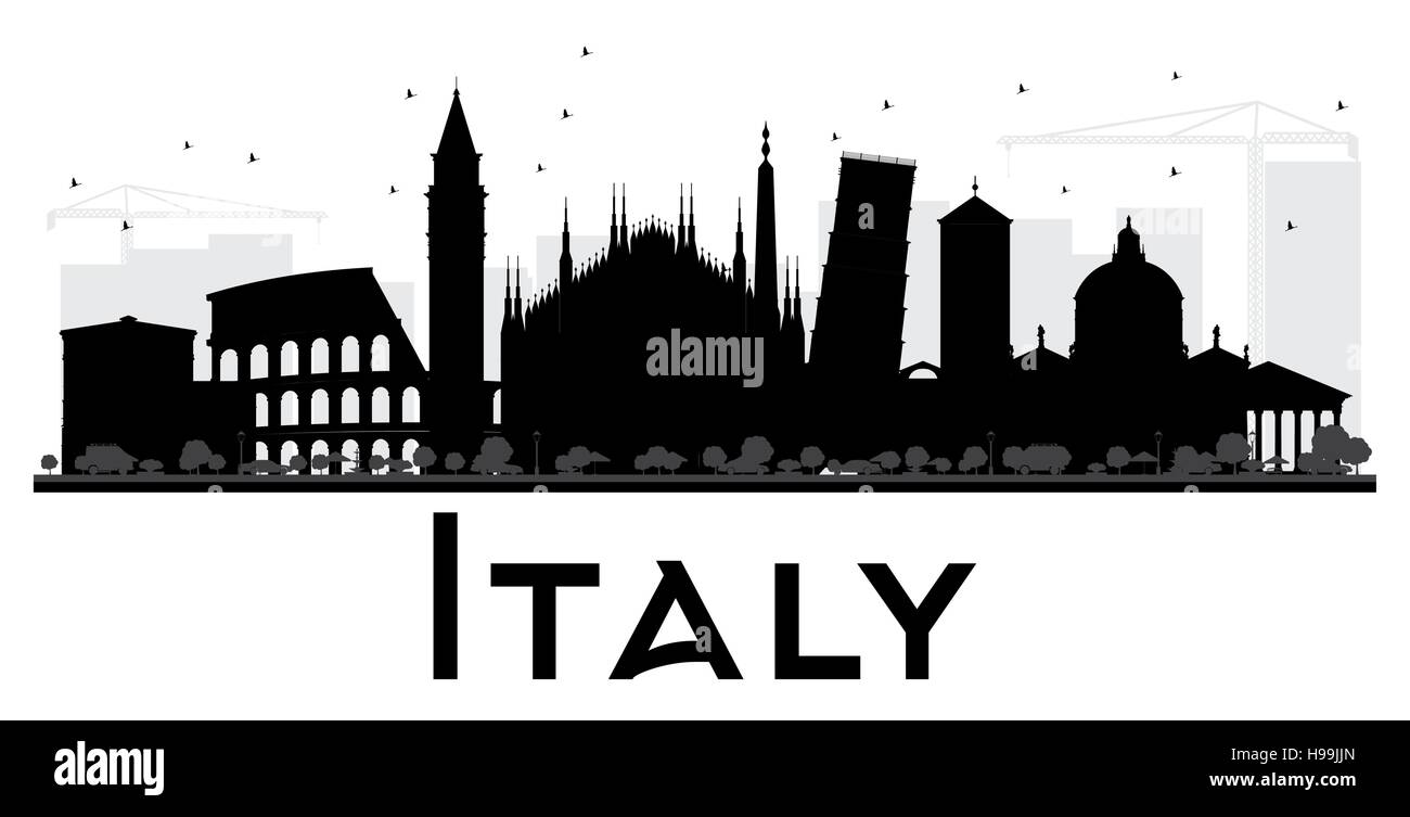 Italia skyline in bianco e nero la silhouette. Illustrazione Vettoriale. Piatto semplice concetto per il turismo presentazione, banner, cartellone o sito web. Illustrazione Vettoriale