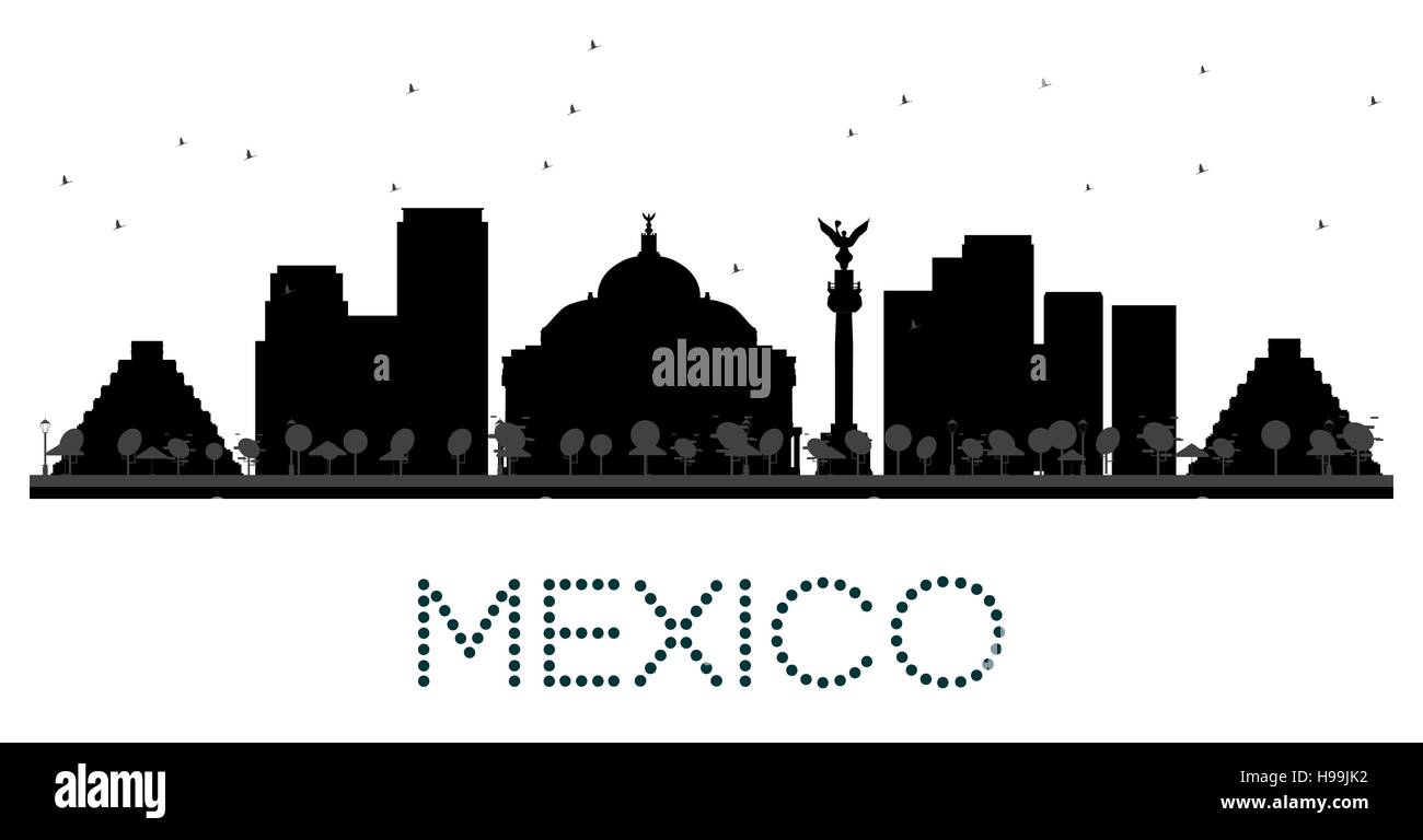 Città del Messico skyline in bianco e nero la silhouette. Paesaggio con i punti di riferimento Illustrazione Vettoriale