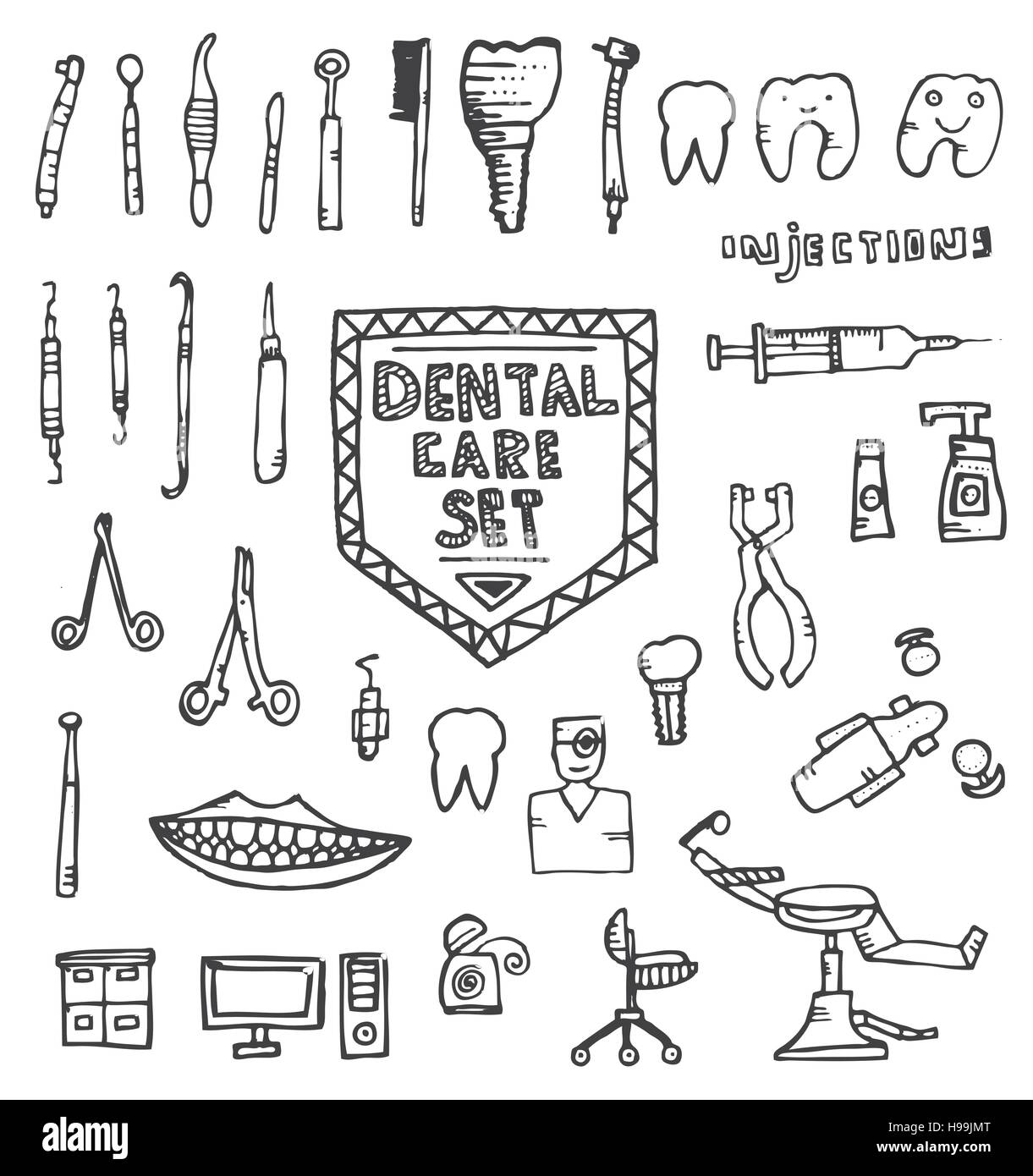 Per le cure dentarie impostato con diversi disegnati a mano icone isolati su sfondo bianco. Illustrazione Vettoriale. Illustrazione Vettoriale