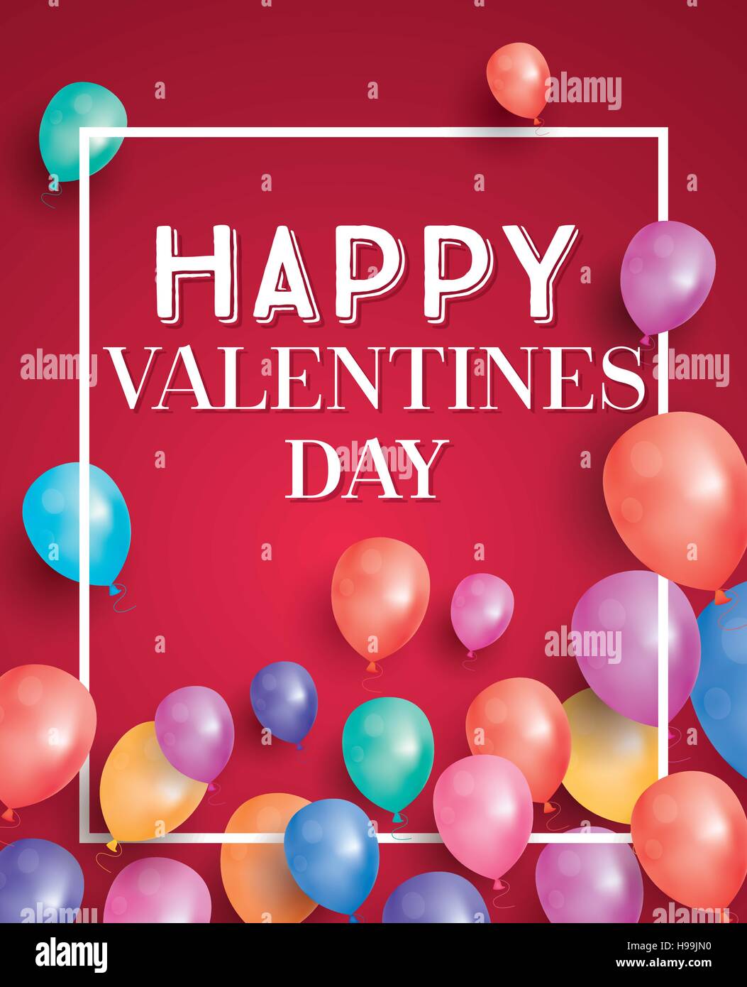 Happy valentines day card con battenti palloncini e cornice bianca. Illustrazione Vettoriale. Illustrazione Vettoriale