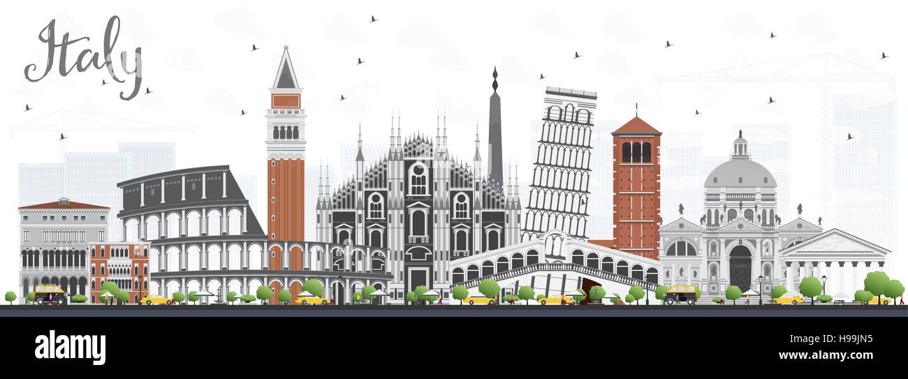 Italia Skyline con punti di riferimento. Illustrazione Vettoriale. Viaggi di affari e di turismo con il concetto di architettura storica. Immagine per il banner di presentazione Illustrazione Vettoriale