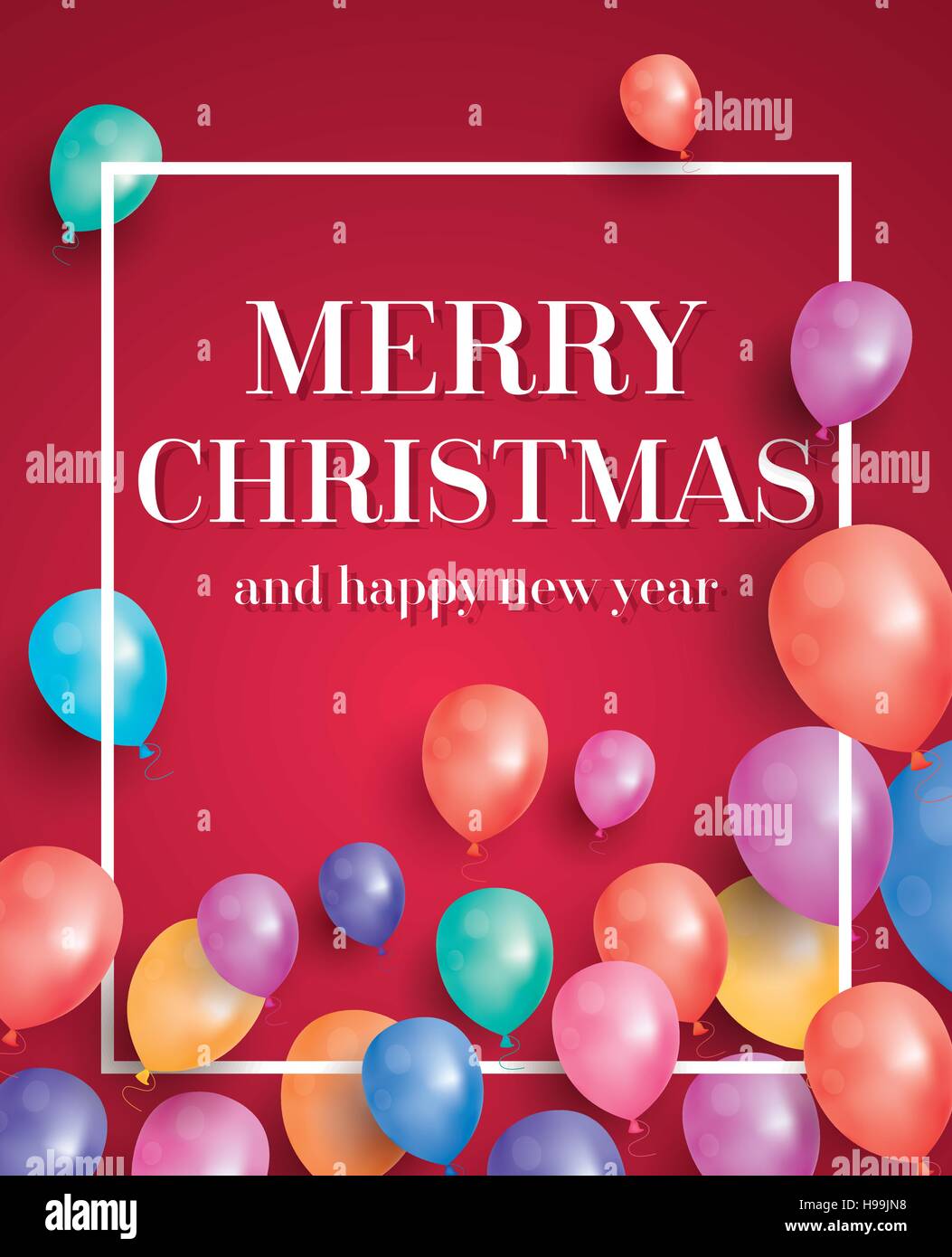 Merry Christmas card con battenti palloncini e cornice bianca. Illustrazione Vettoriale. Illustrazione Vettoriale