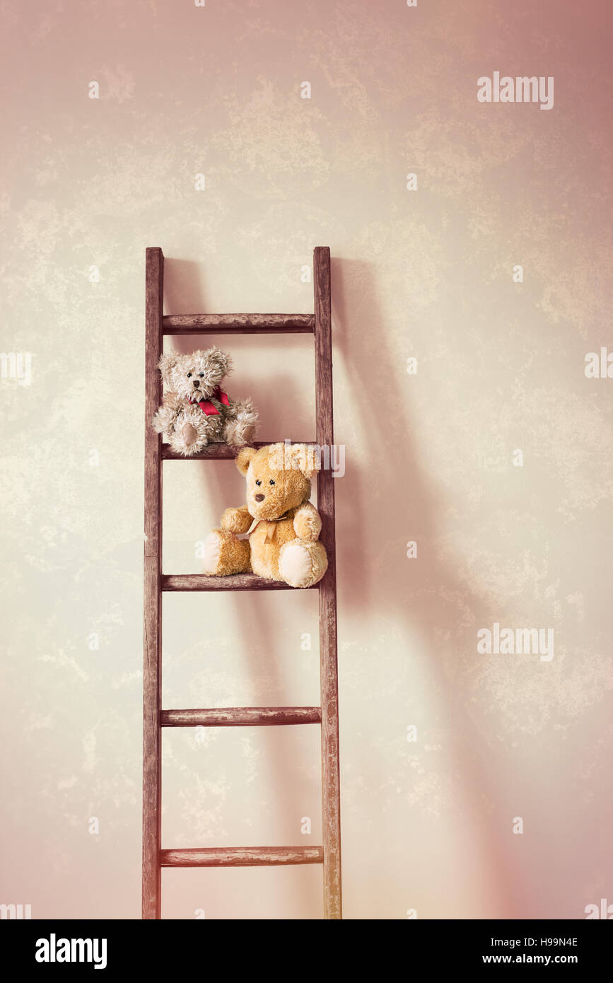 Due piccoli orsetti seduti sui gradini di una scaletta di legno Foto Stock
