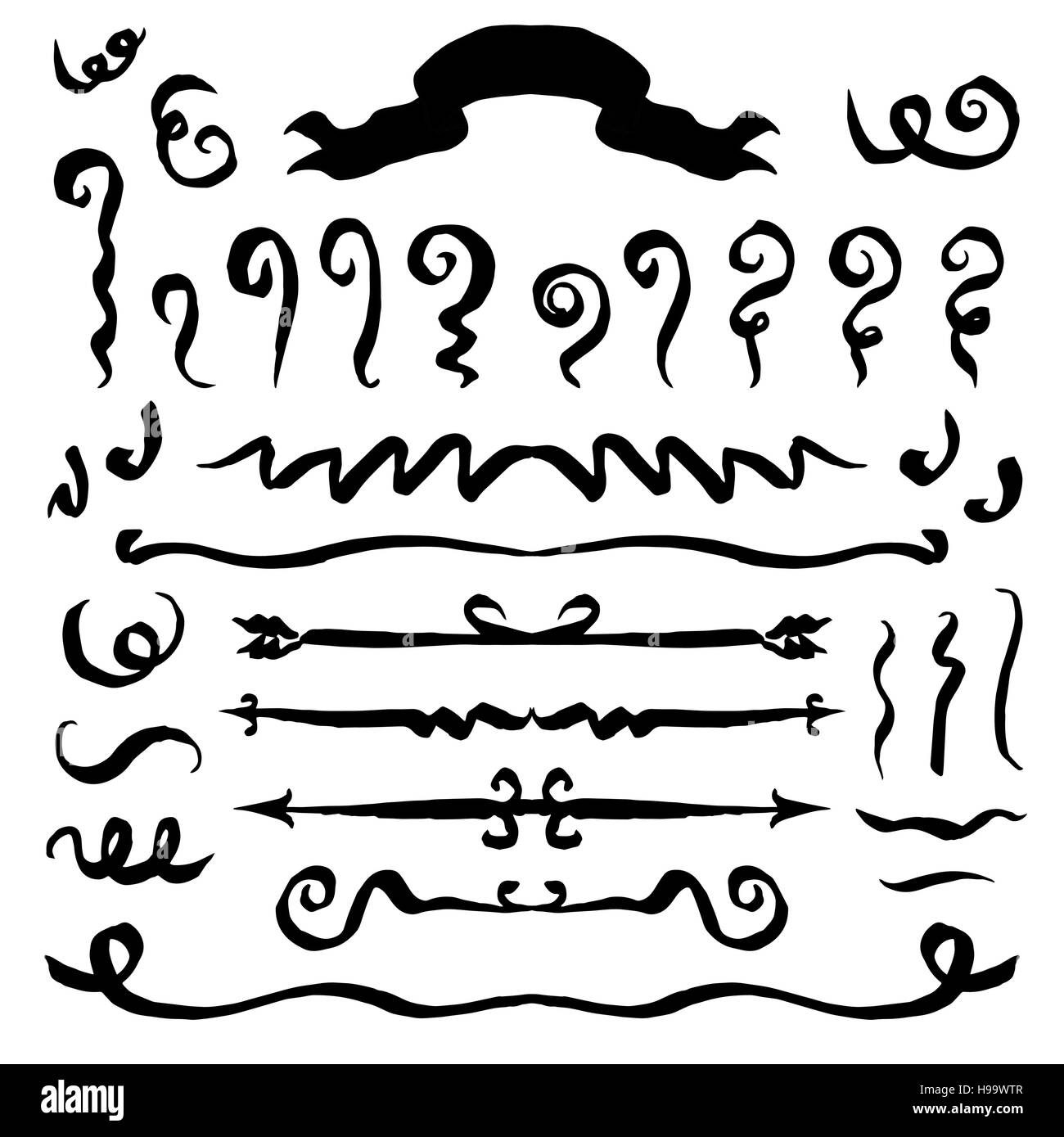 Vettore. La mano nera tracciata elementi isolati su sfondo bianco. Disegnata a mano semplice e simmetrica segni multifunzionale per il design libri, quotidiani Illustrazione Vettoriale