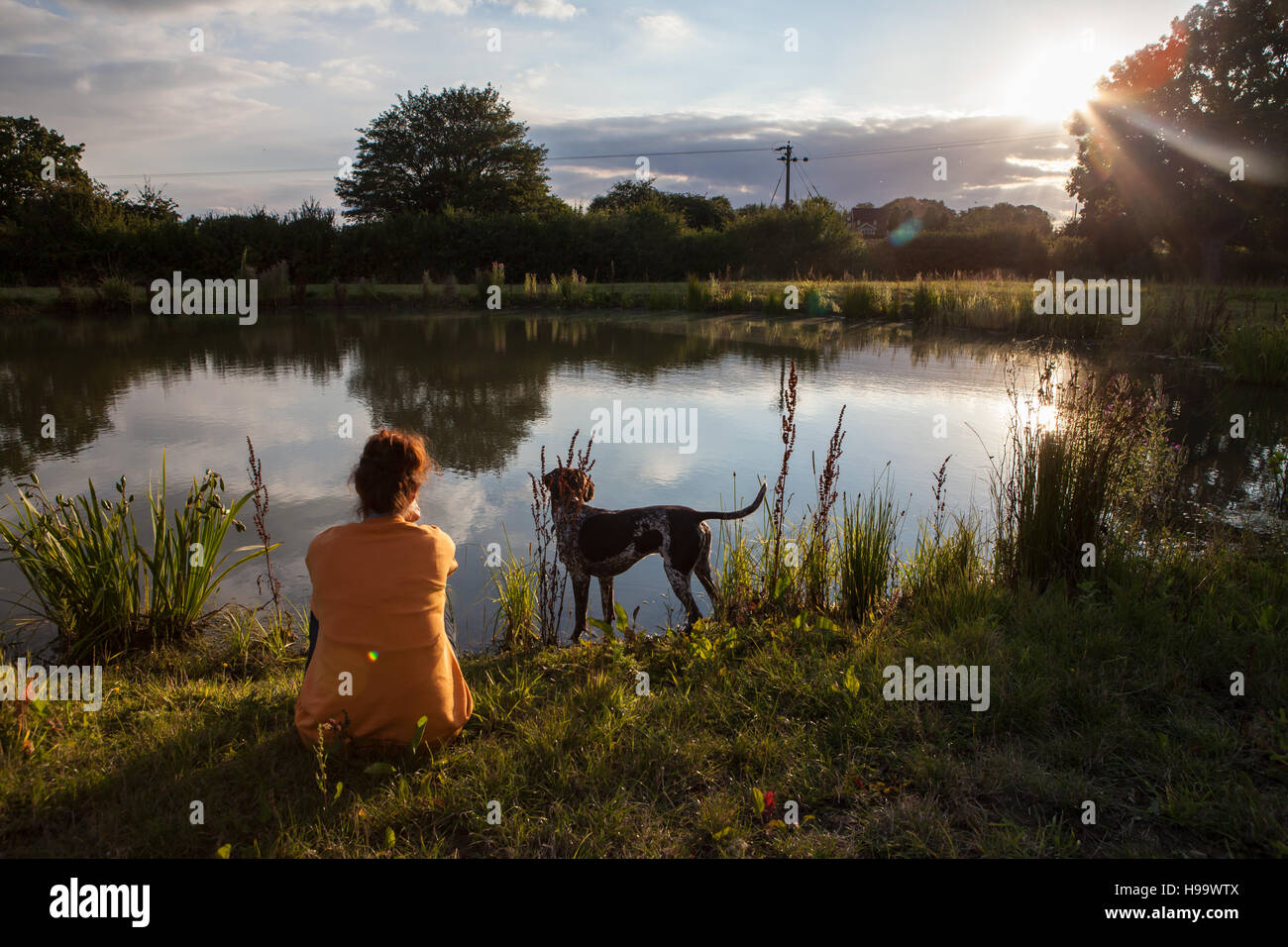 Donna seduta con un cane sul bordo di un lago al tramonto Foto Stock