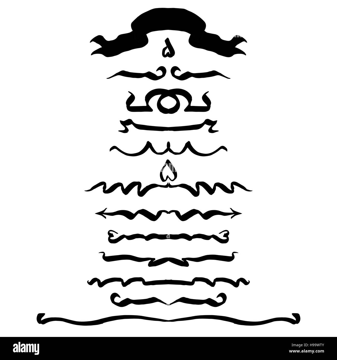 Vettore. La mano nera tracciata elementi isolati su sfondo bianco. Disegnata a mano semplice e simmetrica segni multifunzionale per il design libri, quotidiani Illustrazione Vettoriale