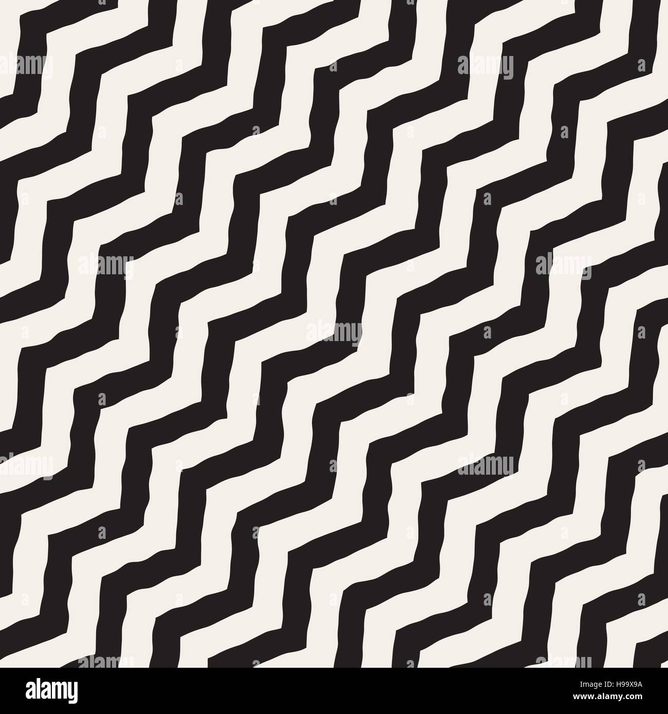 Vector Seamless in bianco e nero disegnato a mano a zig-zag strisce diagonali Pattern Illustrazione Vettoriale