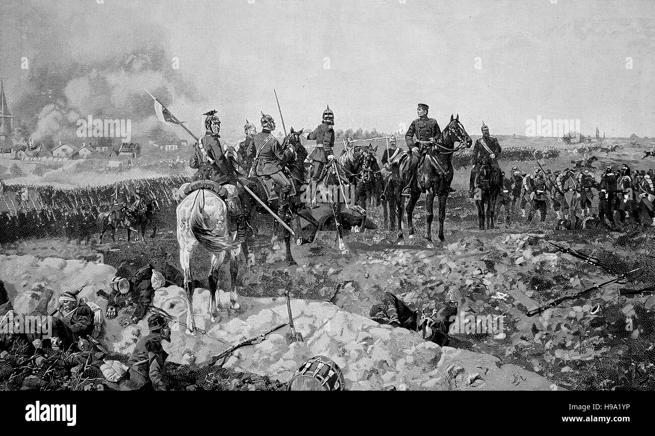 La battaglia di Mars-La-Tour fu combattuta il 16 agosto 1870, durante la guerra franco-prussiana, vicino alla città di Mars-La-Tour del nord-est della Francia. General Moltke in attesa per le truppe prussiand, illustrazione storico Foto Stock